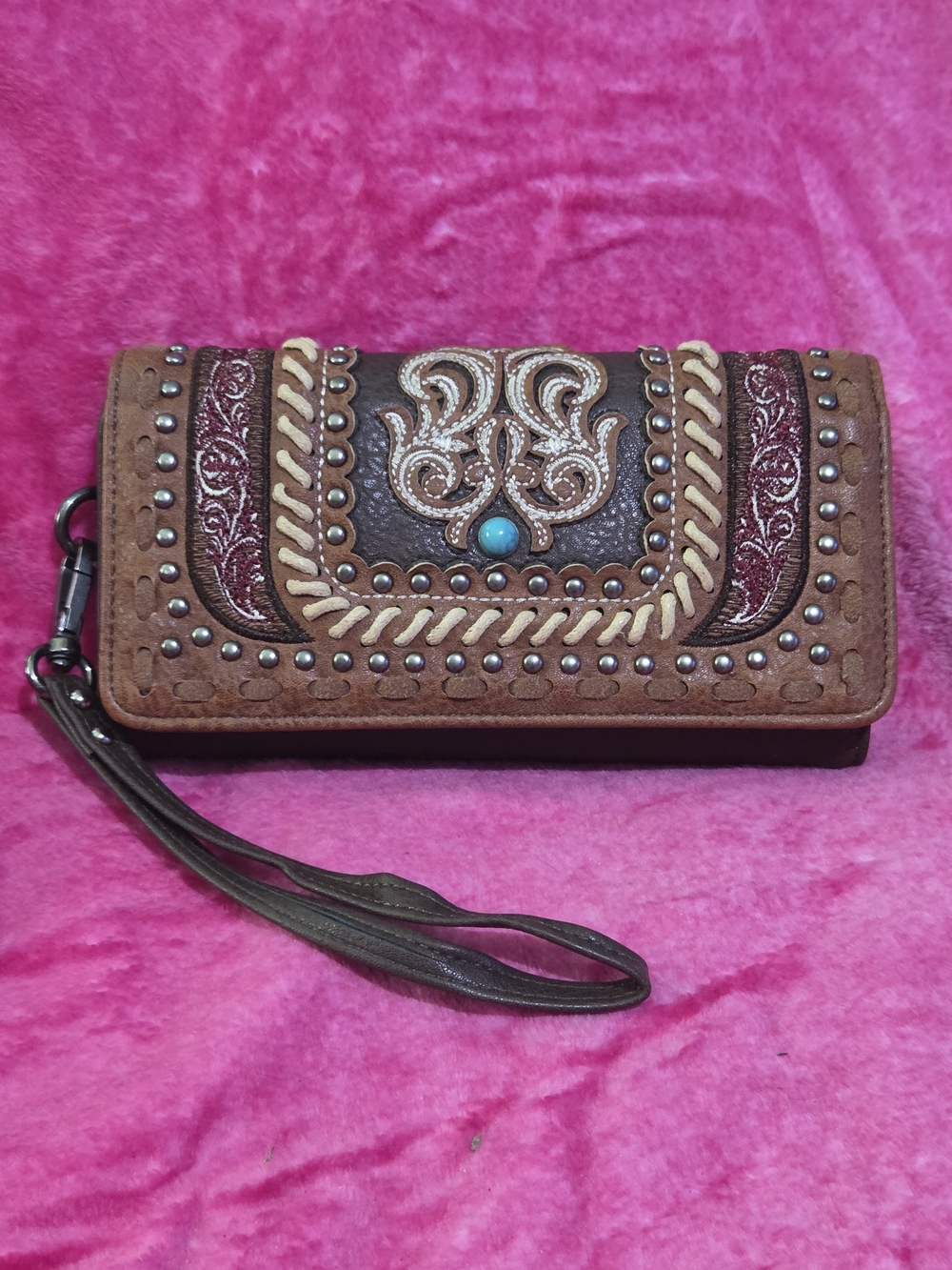 Embroidered Brown Western Wristlet Wallet with Turquoise Accent